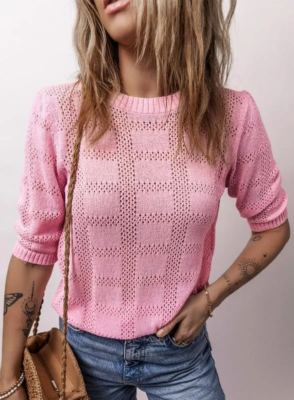 Dokotoo Women's Casual Short Sleeve Loose Tunic Tops Lightweight Crochet Knit Summer Sweaters Blouses
