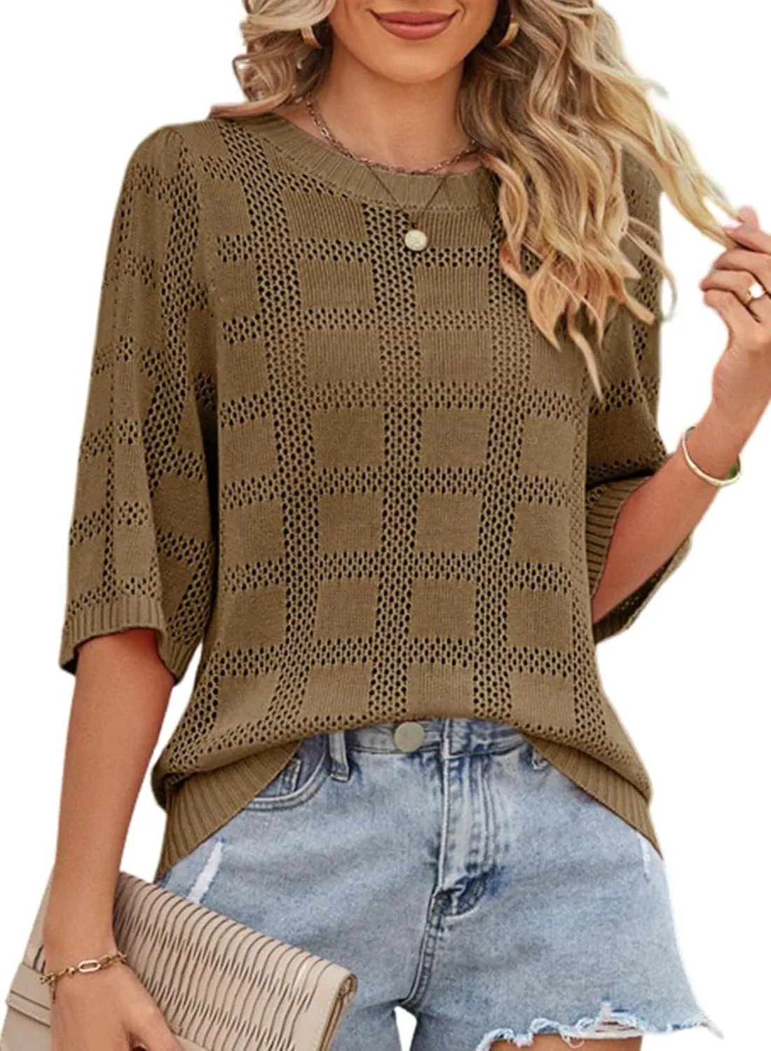 Dokotoo Women's Casual Short Sleeve Loose Tunic Tops Lightweight Crochet Knit Summer Sweaters Blouses