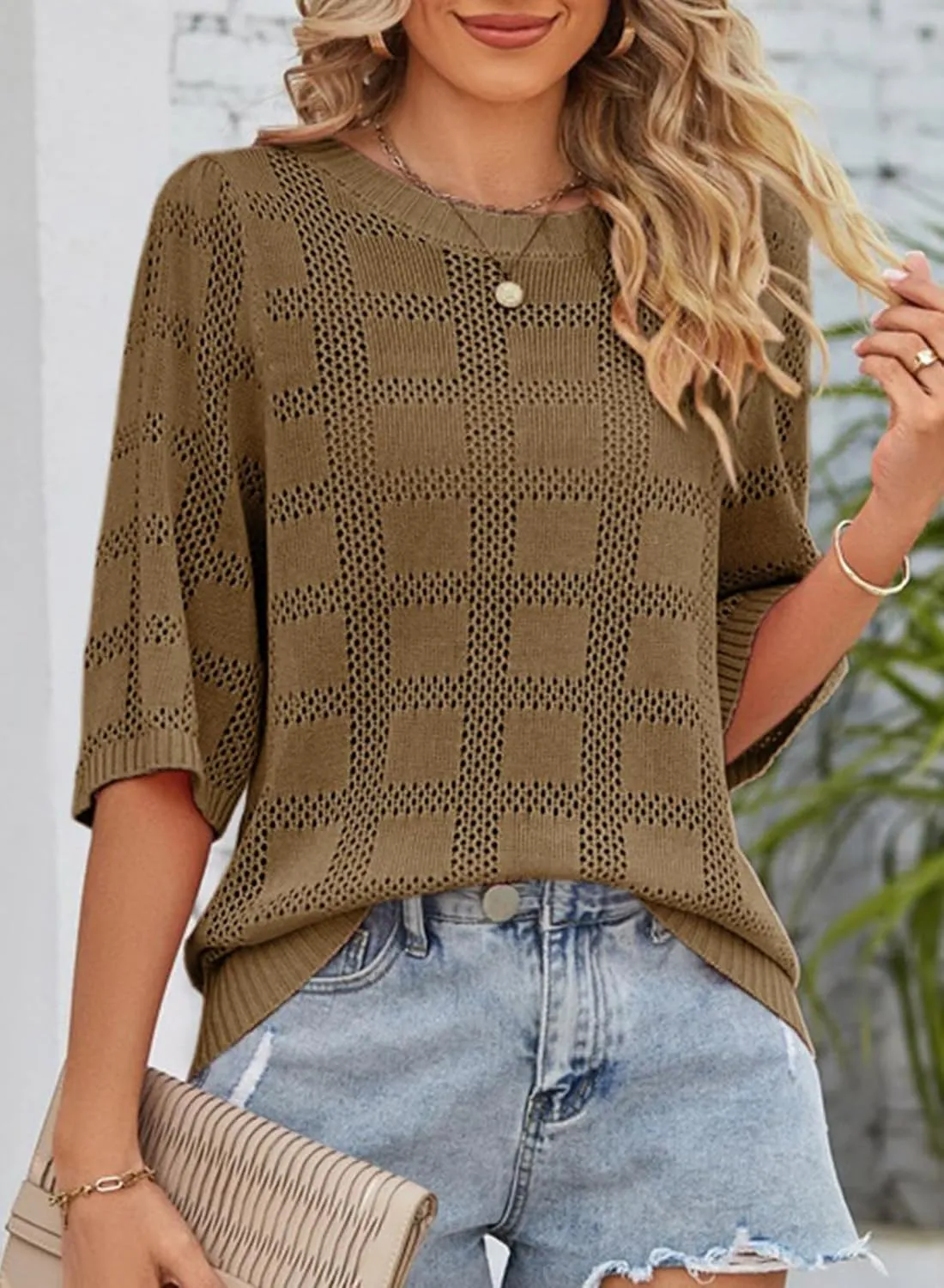 Dokotoo Women's Casual Short Sleeve Loose Tunic Tops Lightweight Crochet Knit Summer Sweaters Blouses