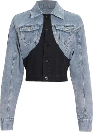Dvbfufv Patchwork Denim Jacket Women Lapel Collar Long Sleeve Casual Coats Tops Female Korean Fashion Clothing