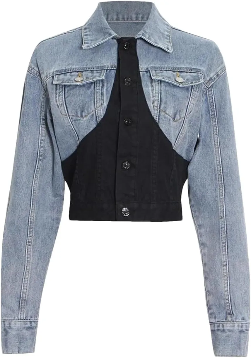 Dvbfufv Patchwork Denim Jacket Women Lapel Collar Long Sleeve Casual Coats Tops Female Korean Fashion Clothing