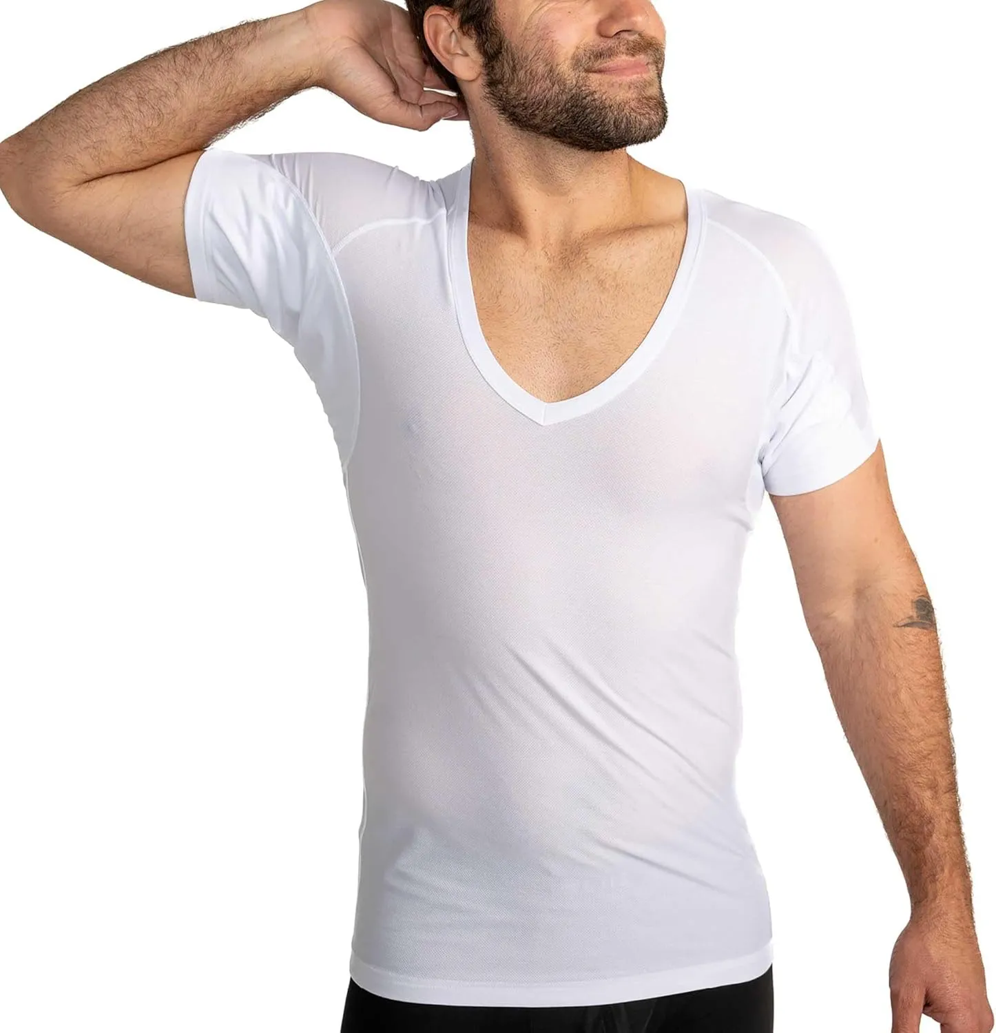 Ejis Mens Ultra Breathable Sweatproof Undershirt, Deep V Neck, Anti-Odor with Underarm Sweat Pads