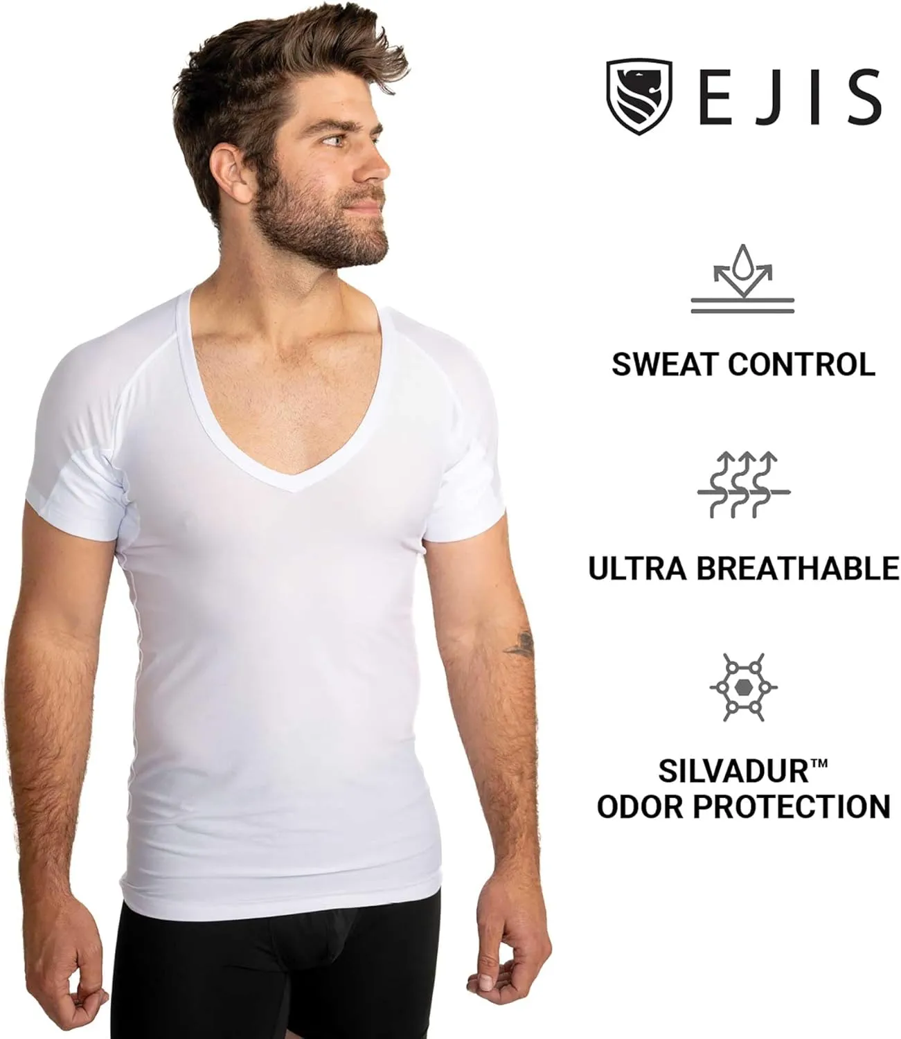 Ejis Mens Ultra Breathable Sweatproof Undershirt, Deep V Neck, Anti-Odor with Underarm Sweat Pads