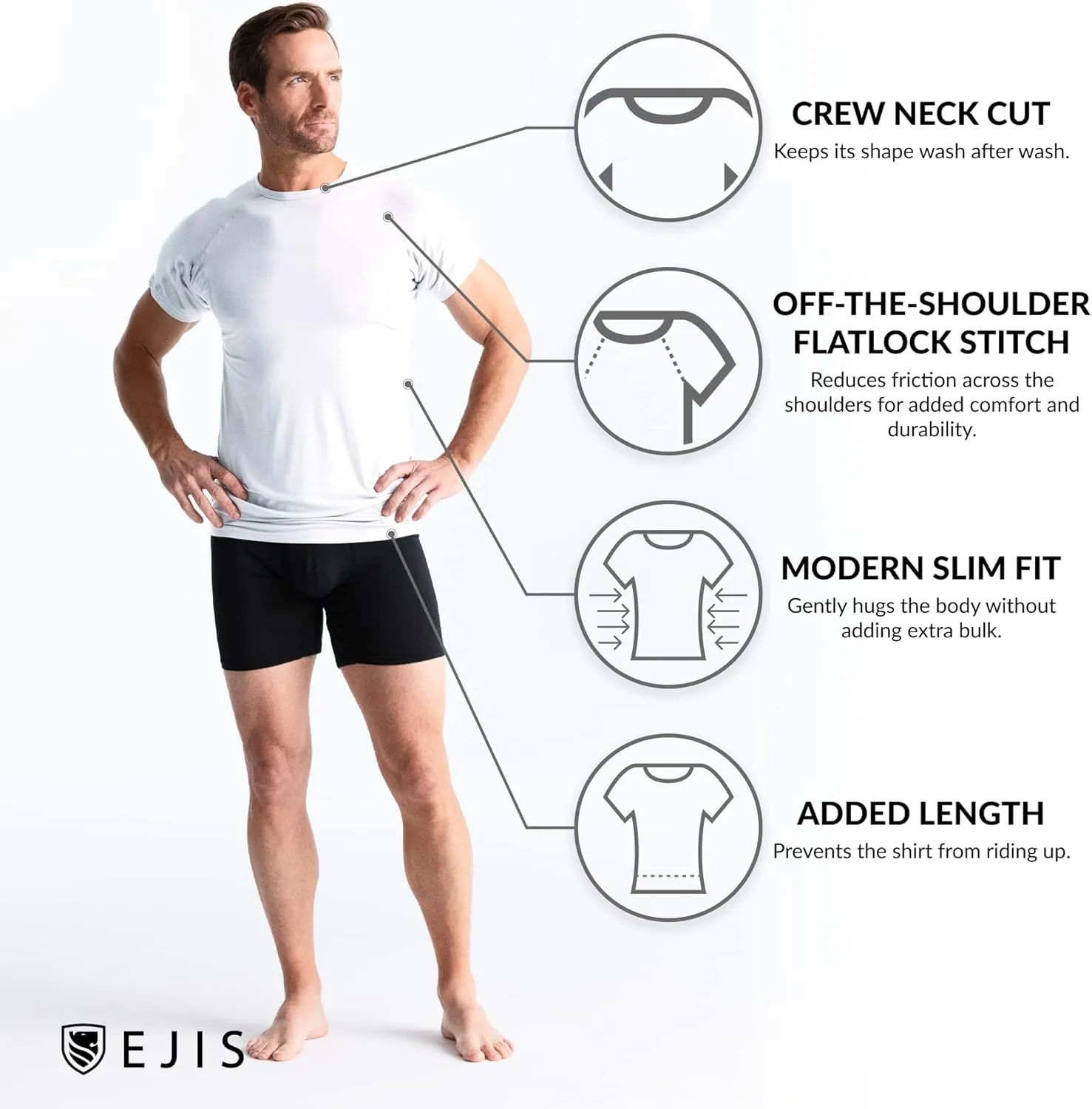 Ejis Sweatproof Undershirt Mens Modal Crew w Sweat Pads, Silver Treated to Fight Embarrassing Odor, Aluminum Free Alternative