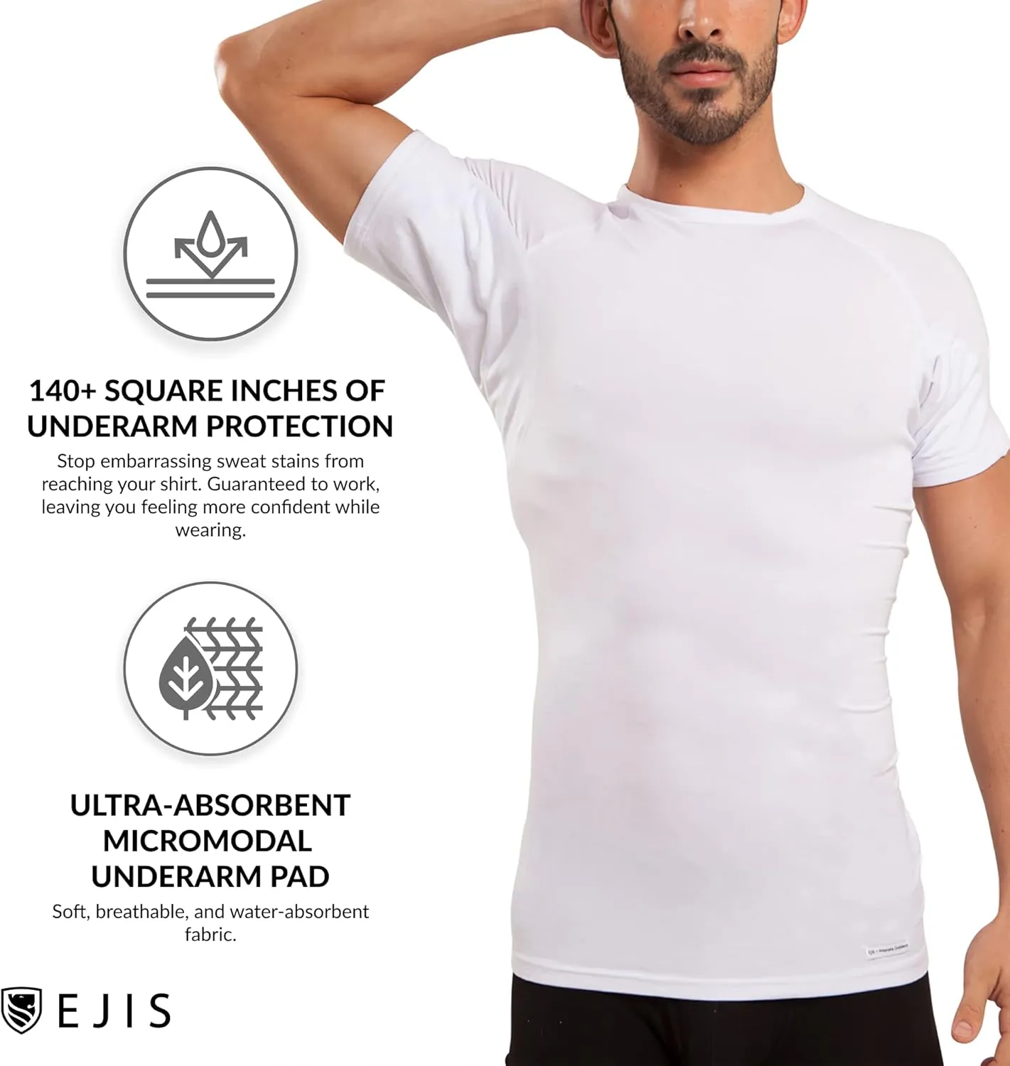 Ejis Sweatproof Undershirt Mens Modal Crew w Sweat Pads, Silver Treated to Fight Embarrassing Odor, Aluminum Free Alternative
