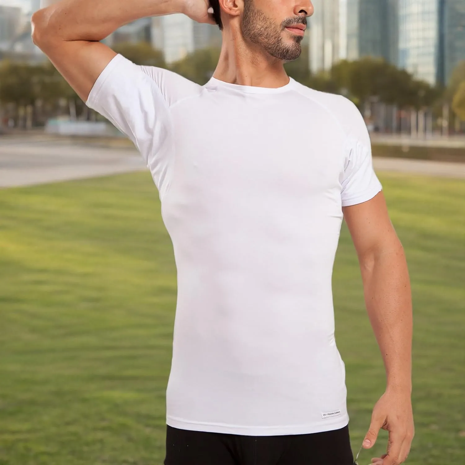 Ejis Sweatproof Undershirt Mens Modal Crew w Sweat Pads, Silver Treated to Fight Embarrassing Odor, Aluminum Free Alternative