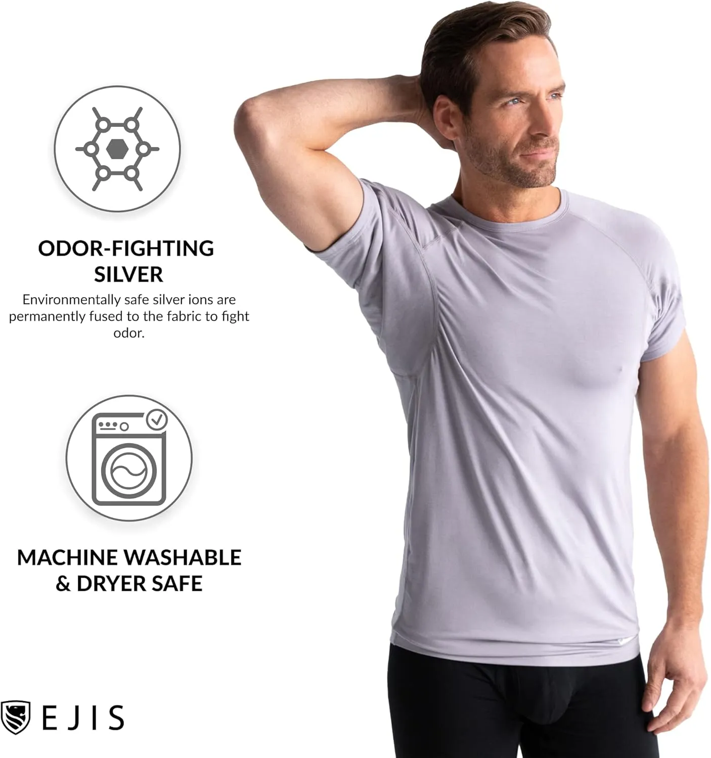 Ejis Sweatproof Undershirt Mens Modal Crew w Sweat Pads, Silver Treated to Fight Embarrassing Odor, Aluminum Free Alternative
