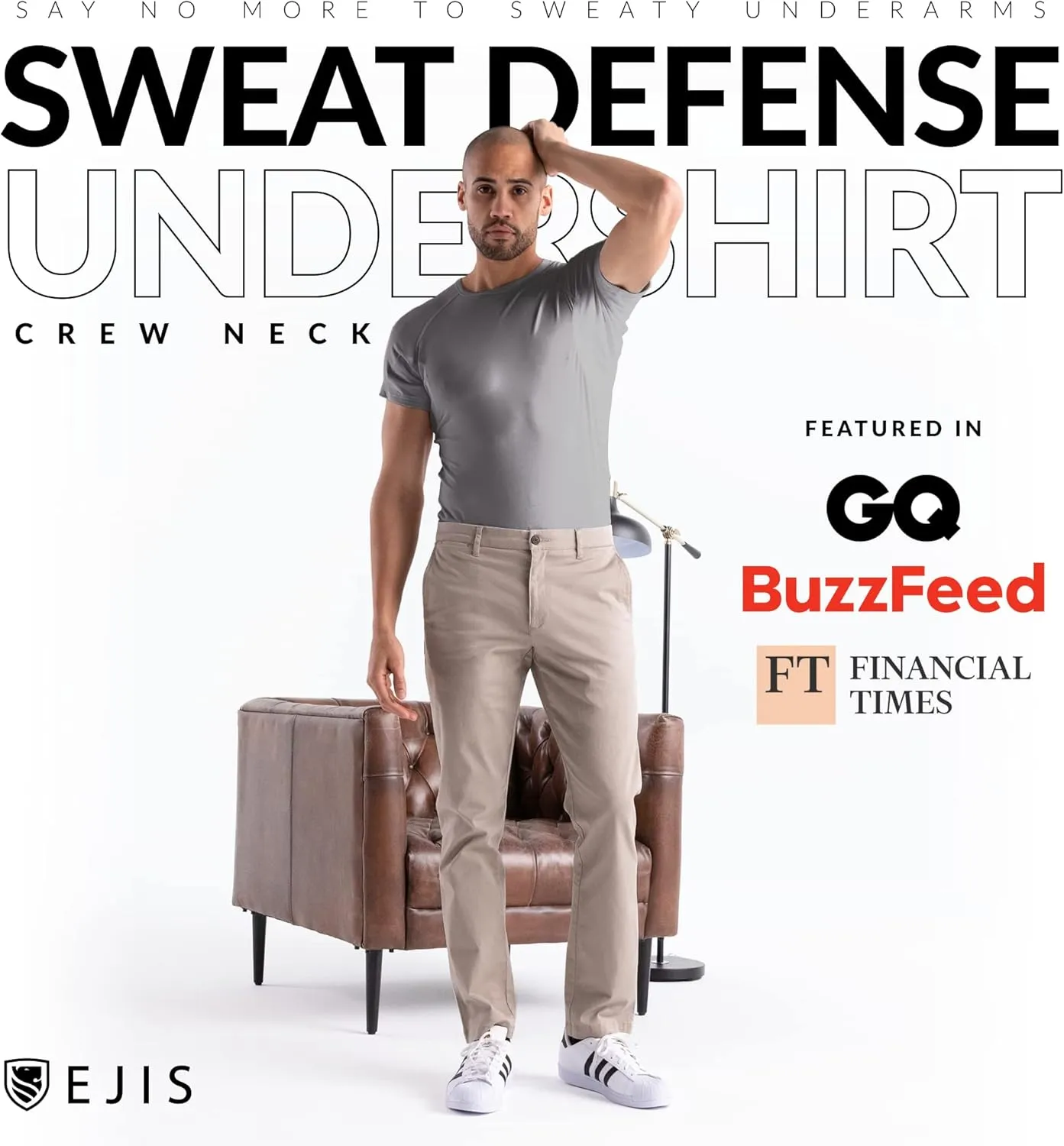 Ejis Sweatproof Undershirt Mens Modal Crew w Sweat Pads, Silver Treated to Fight Embarrassing Odor, Aluminum Free Alternative