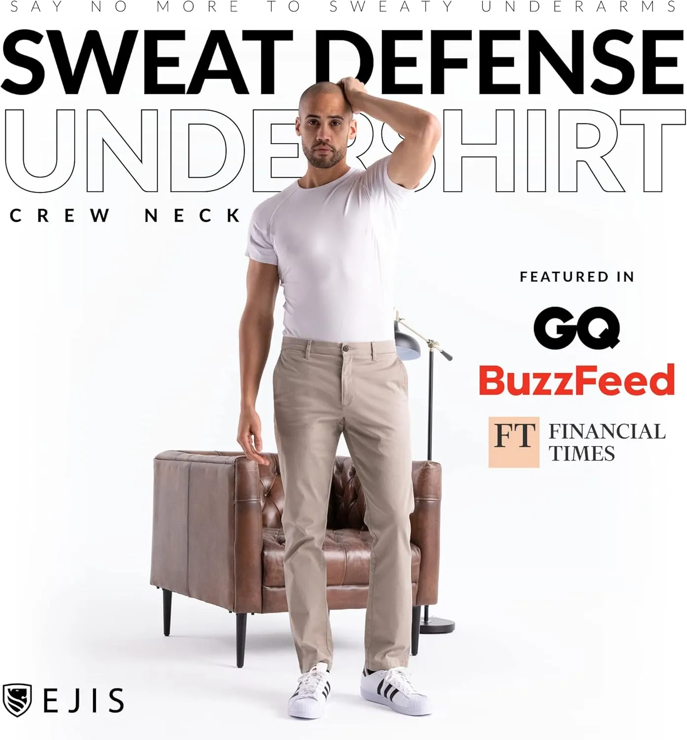 Ejis Sweatproof Undershirt Mens Modal Crew w Sweat Pads, Silver Treated to Fight Embarrassing Odor, Aluminum Free Alternative