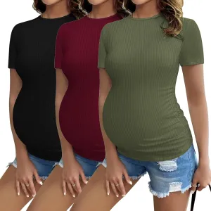 Ekouaer Womens Maternity Shirts 3 Packs Short Sleeve Ribbed Pregnancy Tops Side Ruched Crew Neck Tunic Mama Clothes