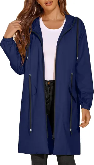 ELESOL Women Rain Jacket Waterproof Long Rain Coats Hooded Windbreaker Lightweight Raincoats Travel Hooded Trench Coats S-3XL