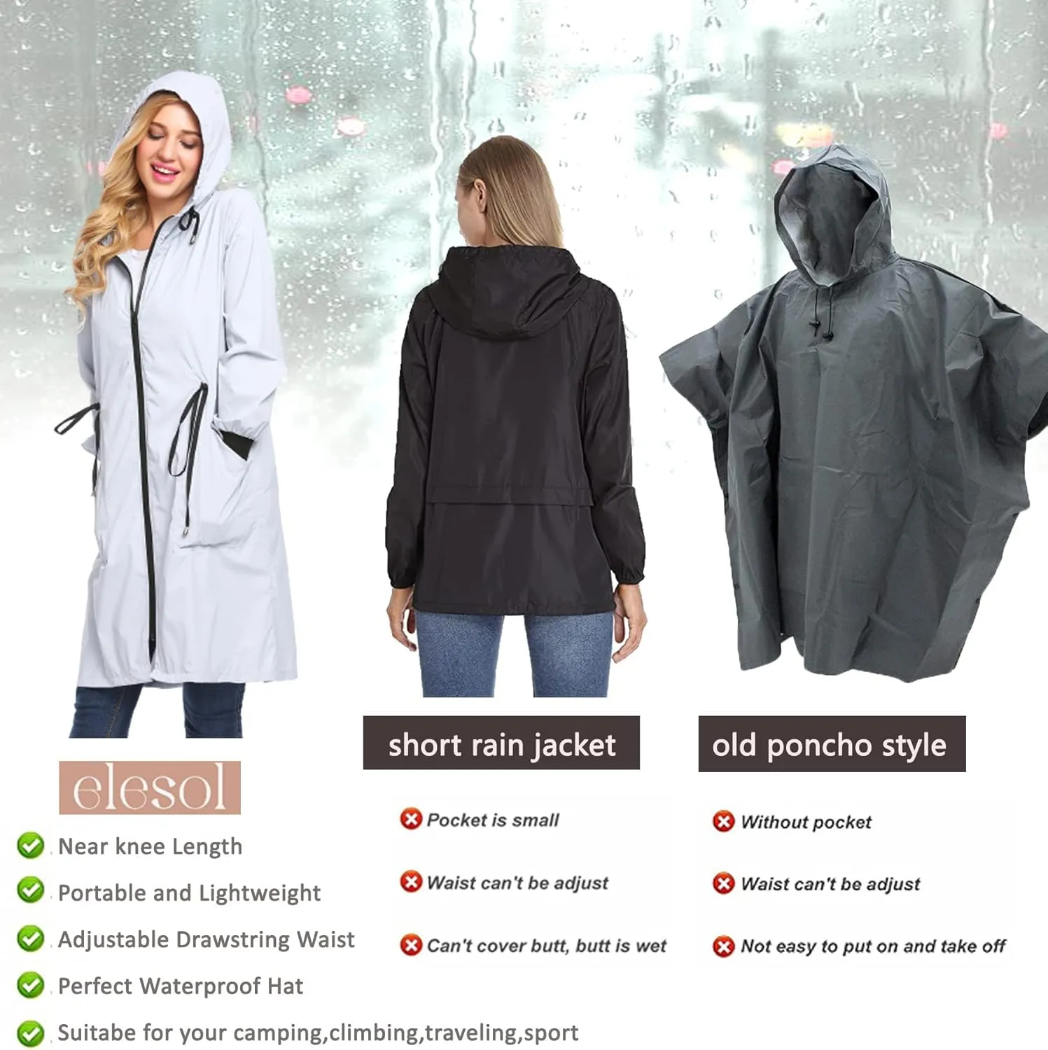 ELESOL Women Rain Jacket Waterproof Long Rain Coats Hooded Windbreaker Lightweight Raincoats Travel Hooded Trench Coats S-3XL