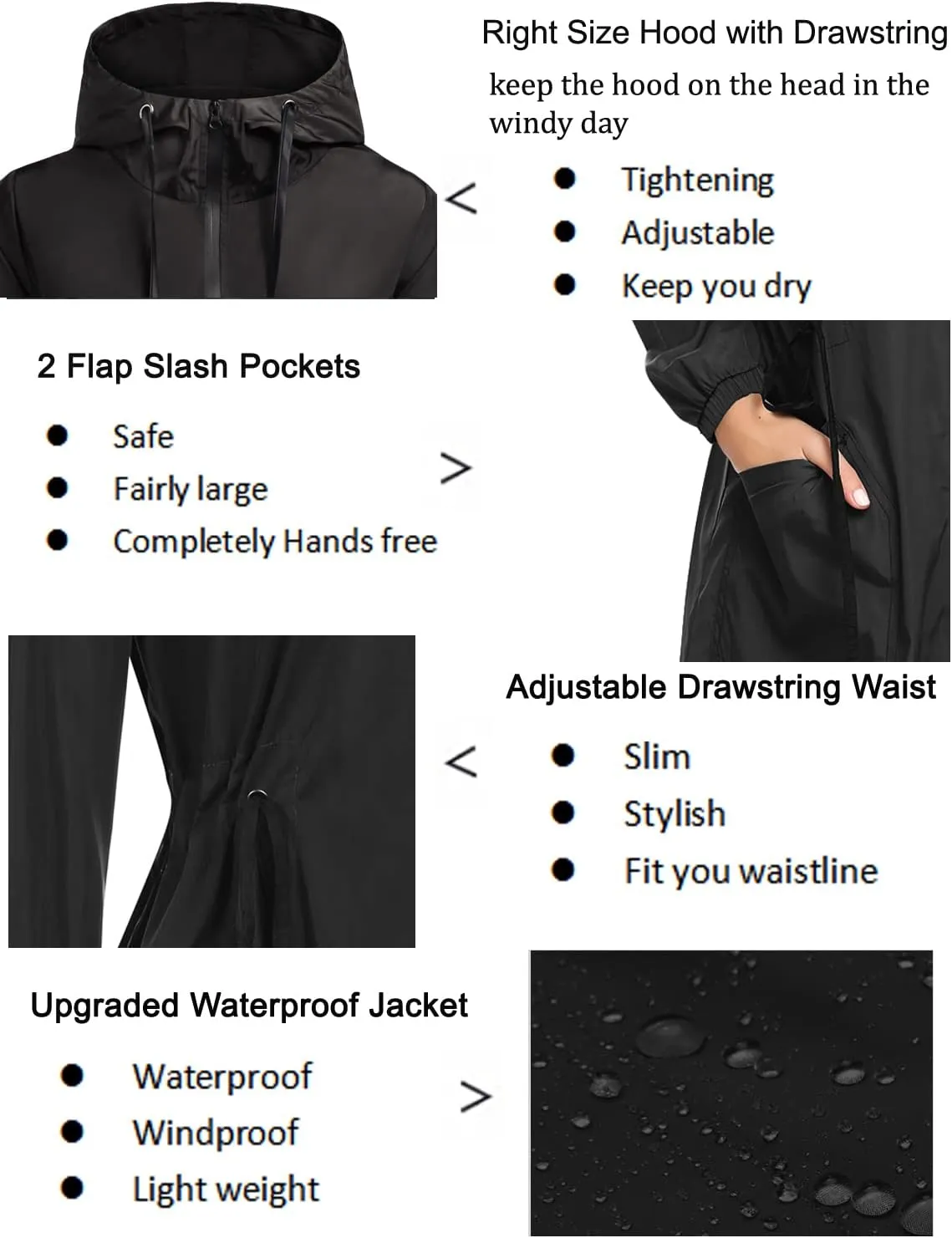 ELESOL Women Rain Jacket Waterproof Long Rain Coats Hooded Windbreaker Lightweight Raincoats Travel Hooded Trench Coats S-3XL
