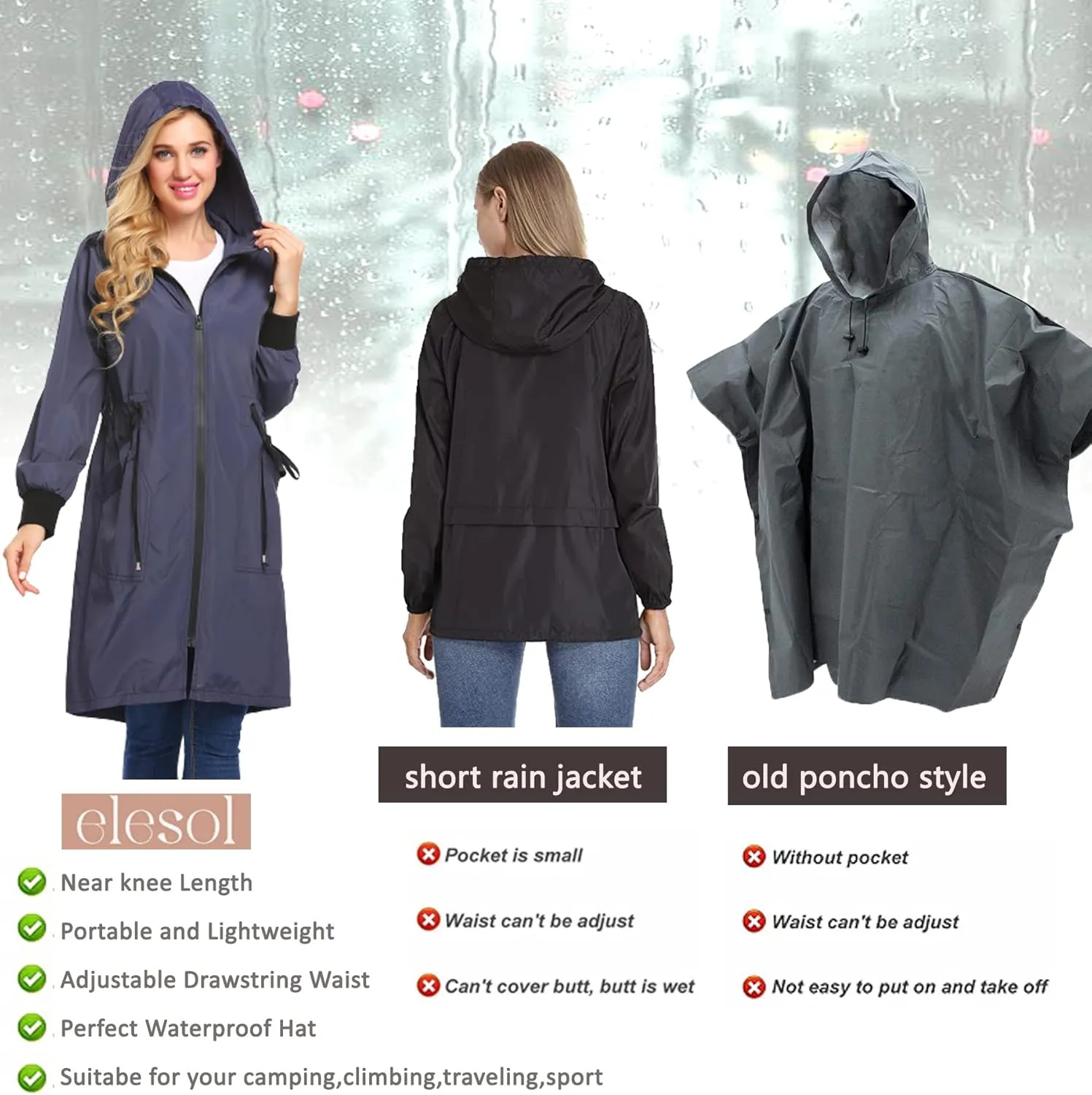 ELESOL Women Rain Jacket Waterproof Long Rain Coats Hooded Windbreaker Lightweight Raincoats Travel Hooded Trench Coats S-3XL
