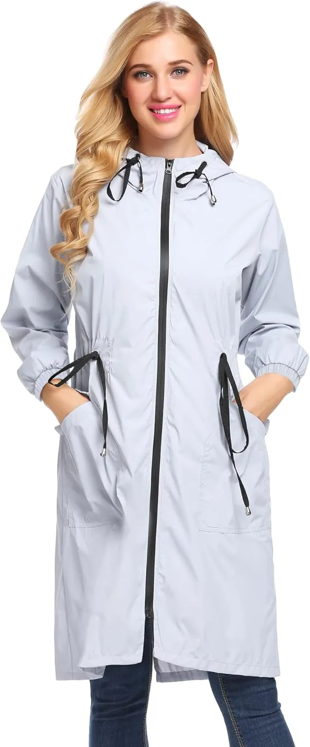 ELESOL Women Rain Jacket Waterproof Long Rain Coats Hooded Windbreaker Lightweight Raincoats Travel Hooded Trench Coats S-3XL