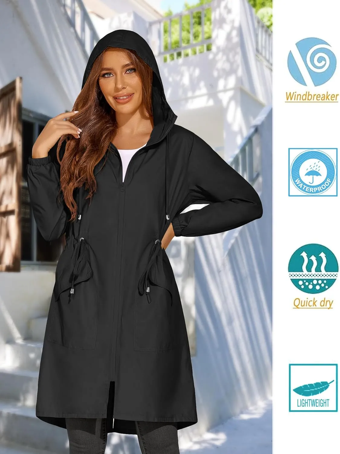 ELESOL Women Rain Jacket Waterproof Long Rain Coats Hooded Windbreaker Lightweight Raincoats Travel Hooded Trench Coats S-3XL