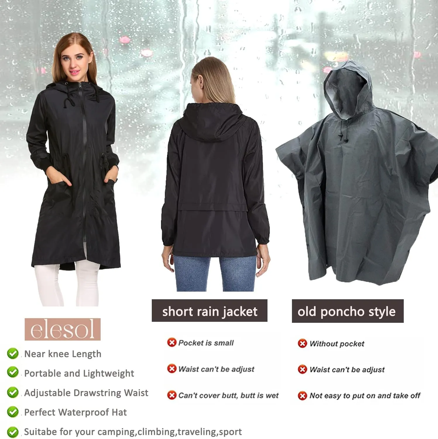 ELESOL Women Rain Jacket Waterproof Long Rain Coats Hooded Windbreaker Lightweight Raincoats Travel Hooded Trench Coats S-3XL