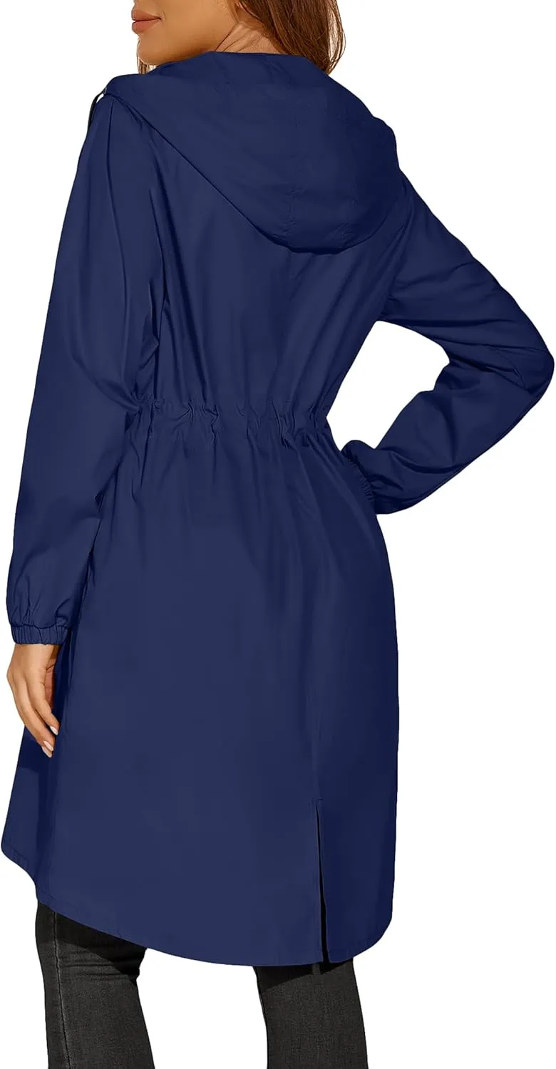 ELESOL Women Rain Jacket Waterproof Long Rain Coats Hooded Windbreaker Lightweight Raincoats Travel Hooded Trench Coats S-3XL