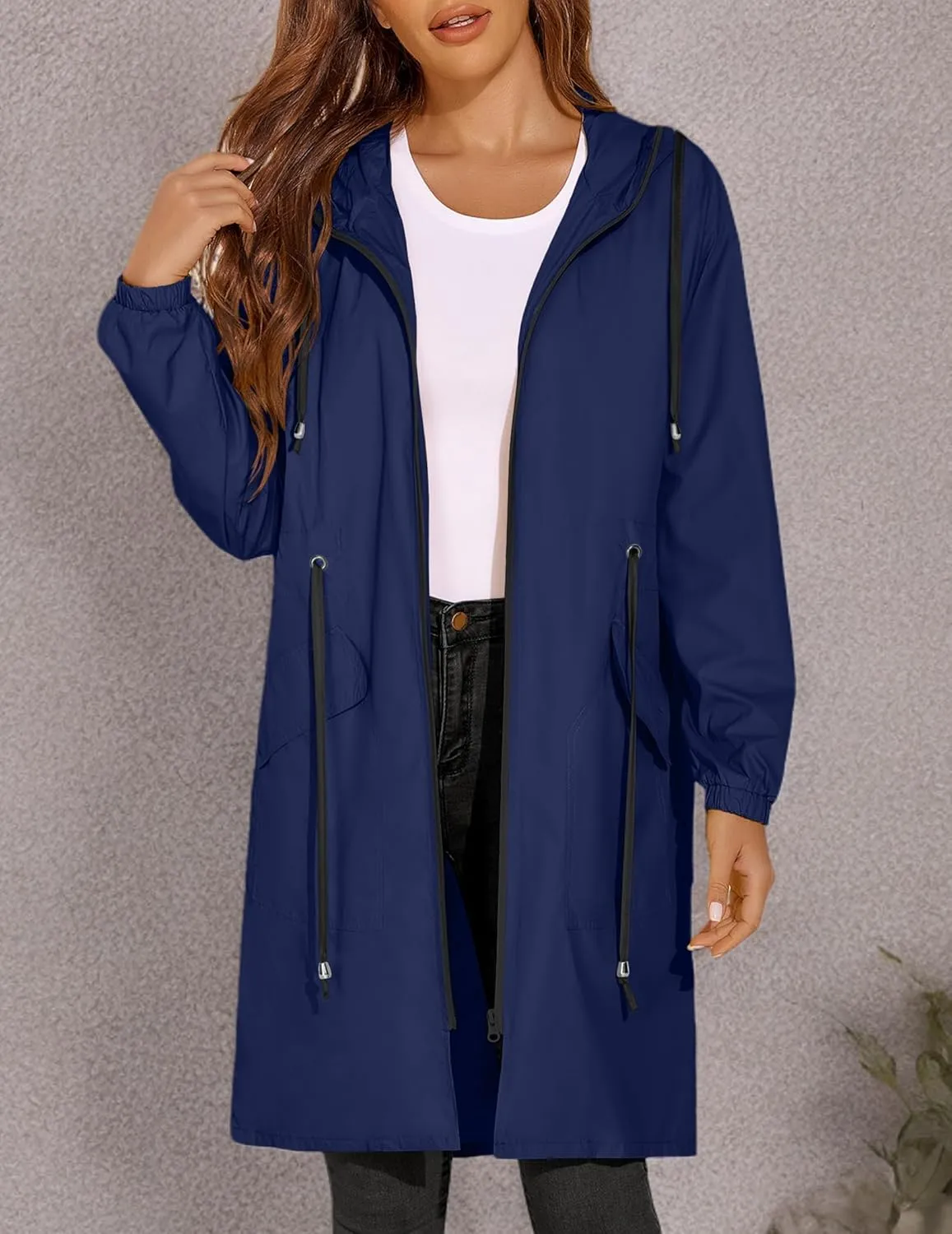 ELESOL Women Rain Jacket Waterproof Long Rain Coats Hooded Windbreaker Lightweight Raincoats Travel Hooded Trench Coats S-3XL