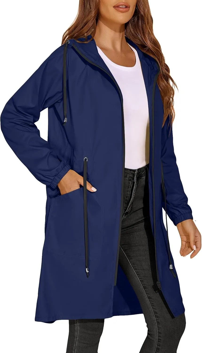ELESOL Women Rain Jacket Waterproof Long Rain Coats Hooded Windbreaker Lightweight Raincoats Travel Hooded Trench Coats S-3XL