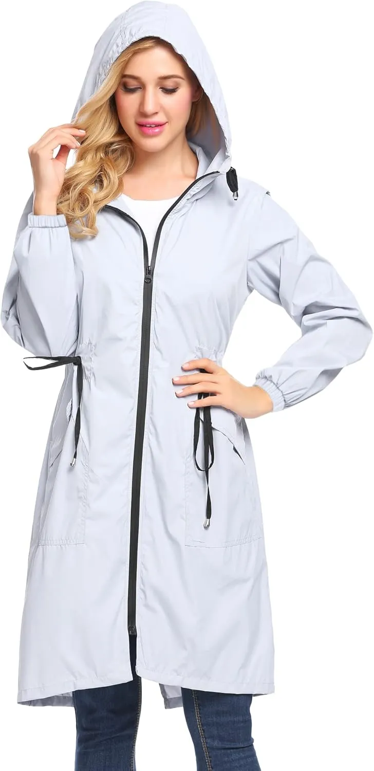 ELESOL Women Rain Jacket Waterproof Long Rain Coats Hooded Windbreaker Lightweight Raincoats Travel Hooded Trench Coats S-3XL