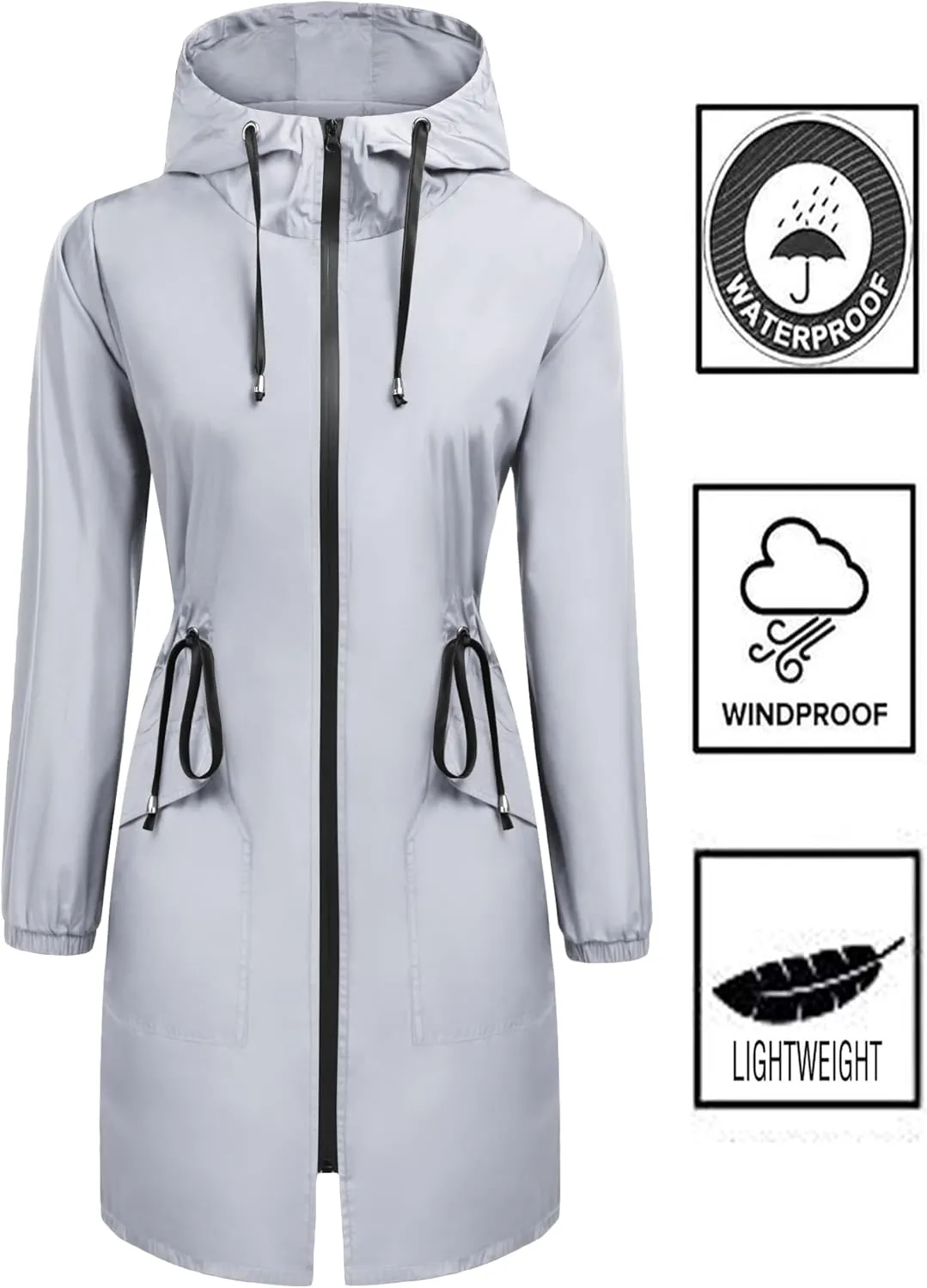 ELESOL Women Rain Jacket Waterproof Long Rain Coats Hooded Windbreaker Lightweight Raincoats Travel Hooded Trench Coats S-3XL