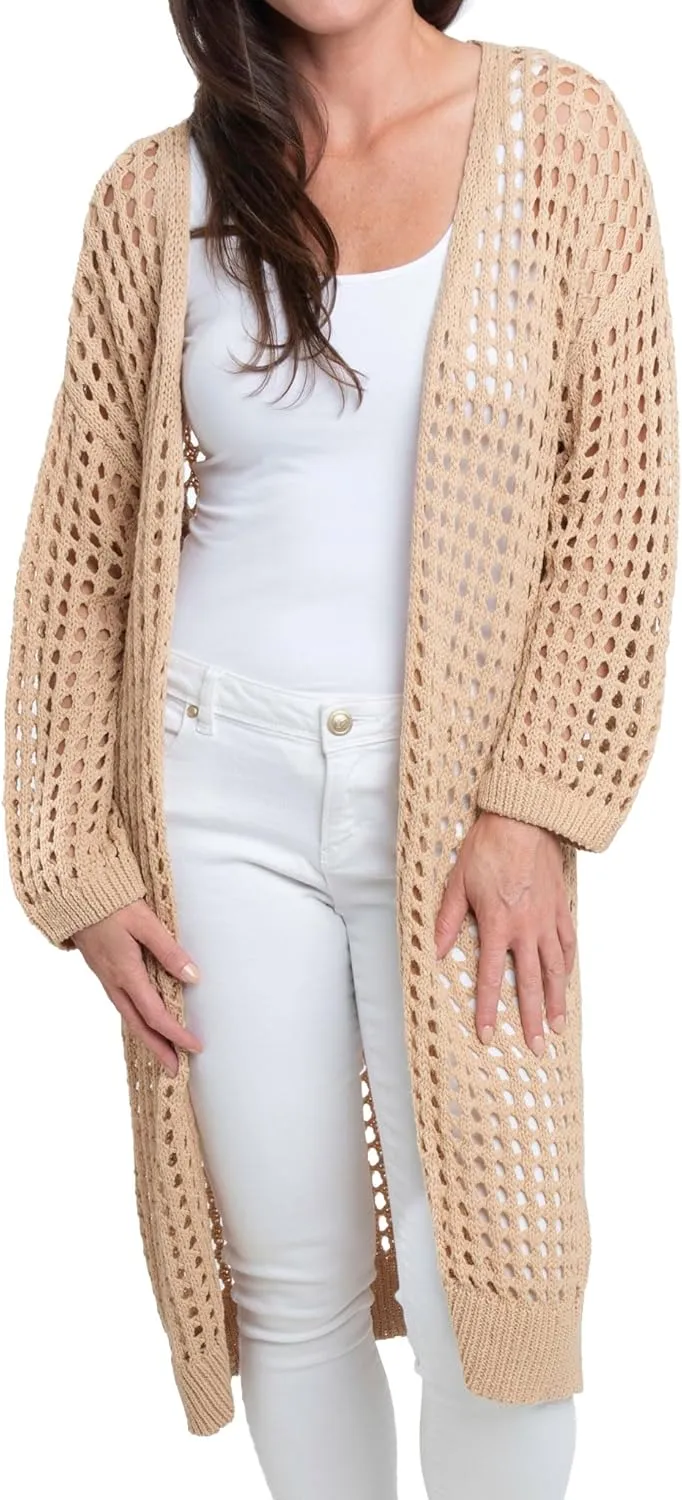 Elsie & Zoey Crochet Cardigans for Women - Enya Long Crochet Cardigan for Women, Womens Open Crochet Detail, Small to 2XL