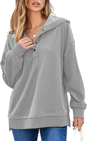 EVALESS Womens Oversized Sweatshirts Hoodies Casual Button Up V Neck Long Sleeve Shirts Pullover Loose Fall Clothes Outfits