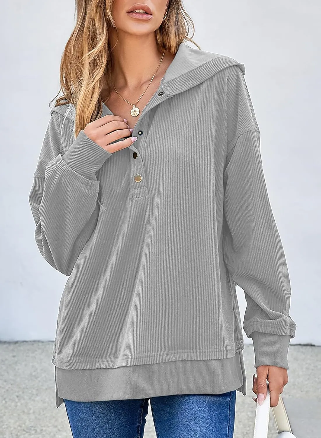 EVALESS Womens Oversized Sweatshirts Hoodies Casual Button Up V Neck Long Sleeve Shirts Pullover Loose Fall Clothes Outfits