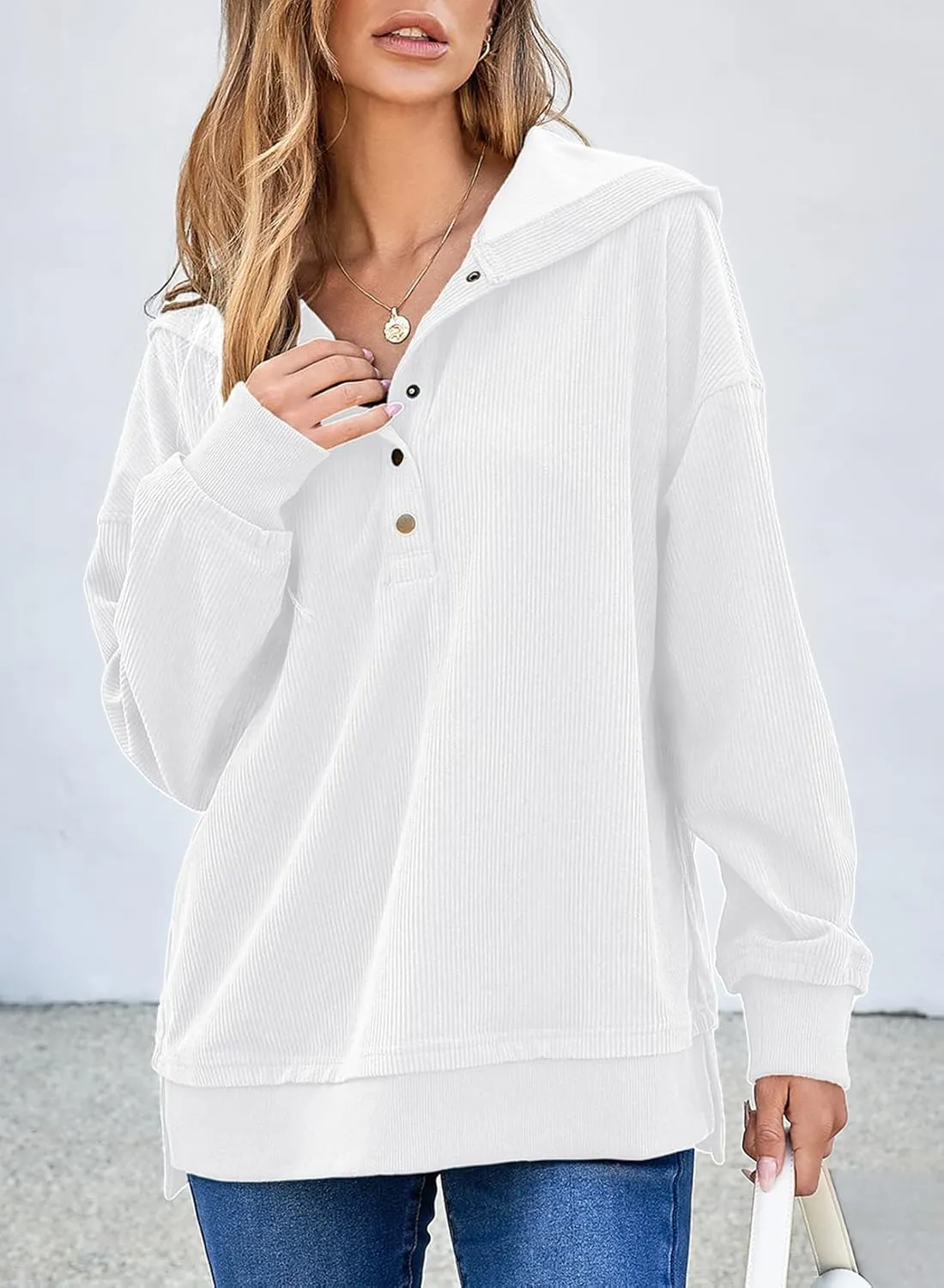 EVALESS Womens Oversized Sweatshirts Hoodies Casual Button Up V Neck Long Sleeve Shirts Pullover Loose Fall Clothes Outfits