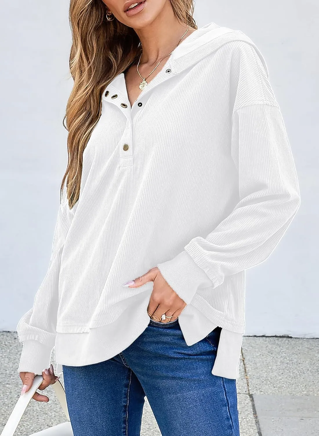 EVALESS Womens Oversized Sweatshirts Hoodies Casual Button Up V Neck Long Sleeve Shirts Pullover Loose Fall Clothes Outfits