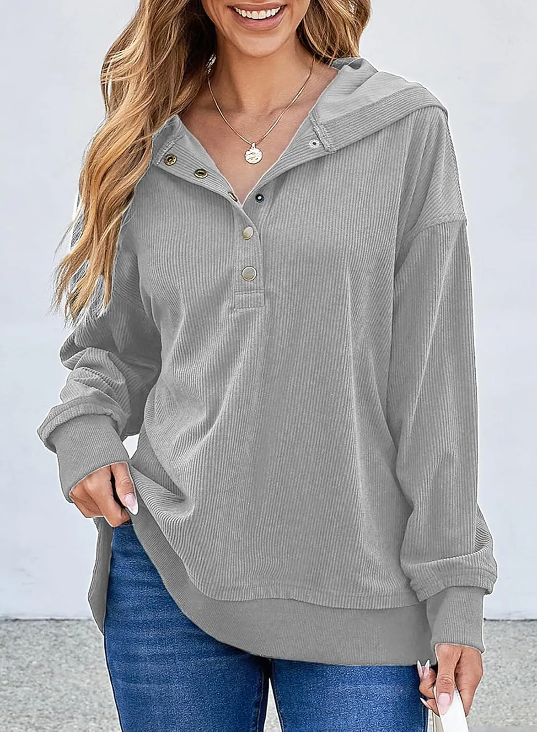 EVALESS Womens Oversized Sweatshirts Hoodies Casual Button Up V Neck Long Sleeve Shirts Pullover Loose Fall Clothes Outfits