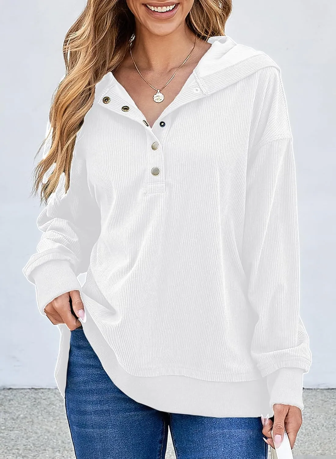 EVALESS Womens Oversized Sweatshirts Hoodies Casual Button Up V Neck Long Sleeve Shirts Pullover Loose Fall Clothes Outfits