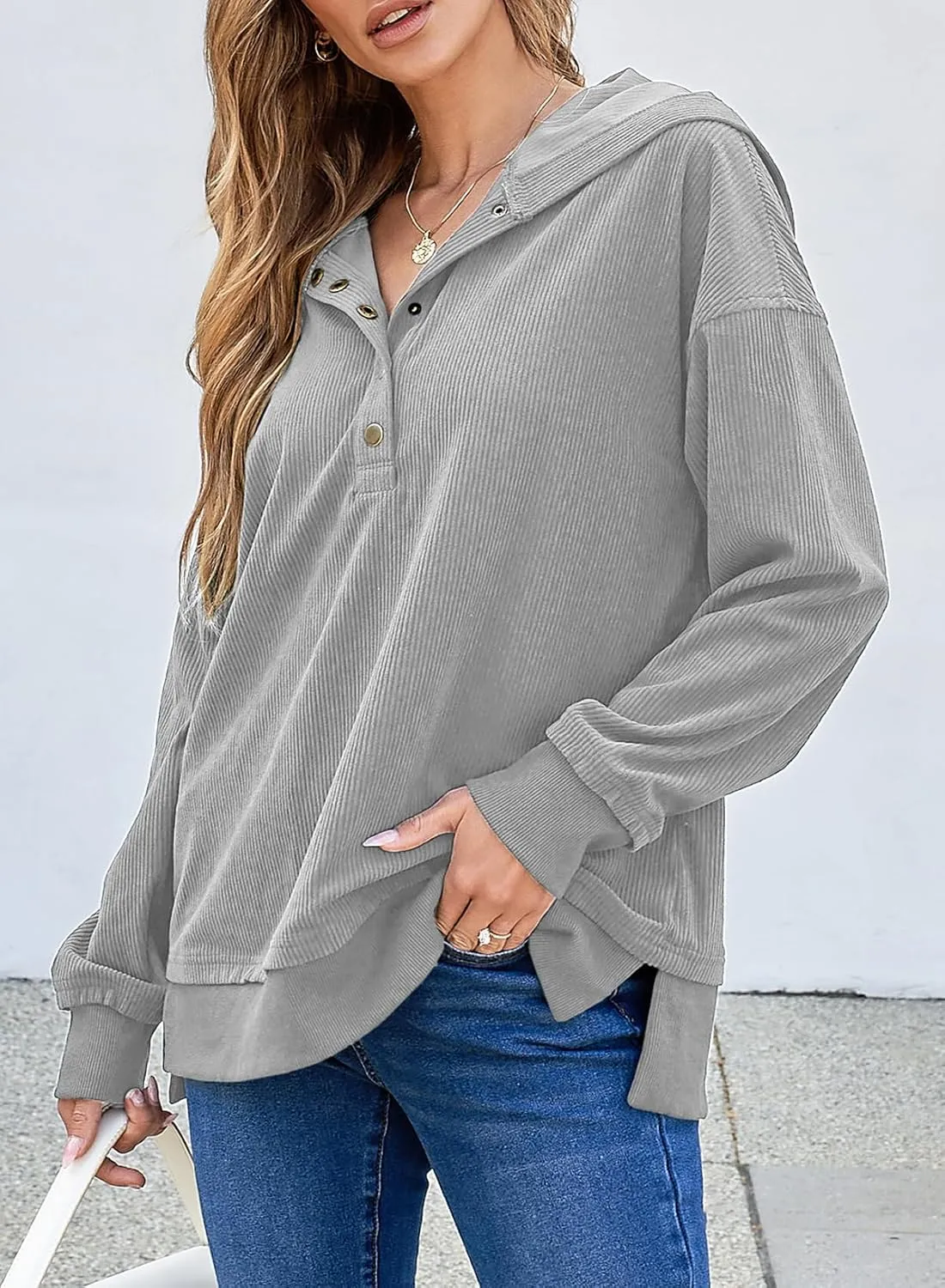 EVALESS Womens Oversized Sweatshirts Hoodies Casual Button Up V Neck Long Sleeve Shirts Pullover Loose Fall Clothes Outfits