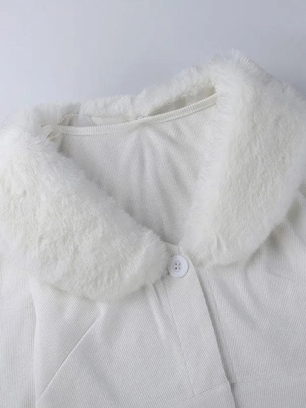 Faux Fur Coats White Long Sleeves Faux Leather Coat Stretch Winter Coat