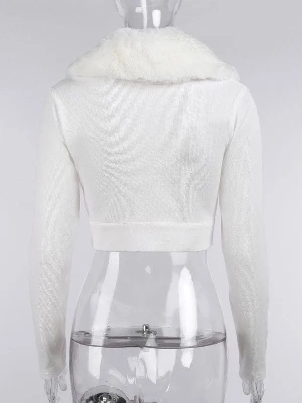 Faux Fur Coats White Long Sleeves Faux Leather Coat Stretch Winter Coat