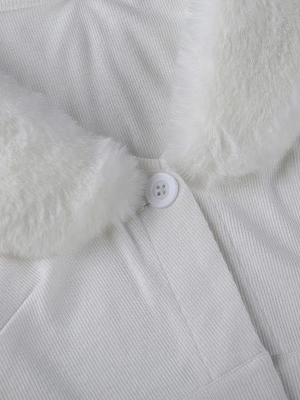 Faux Fur Coats White Long Sleeves Faux Leather Coat Stretch Winter Coat