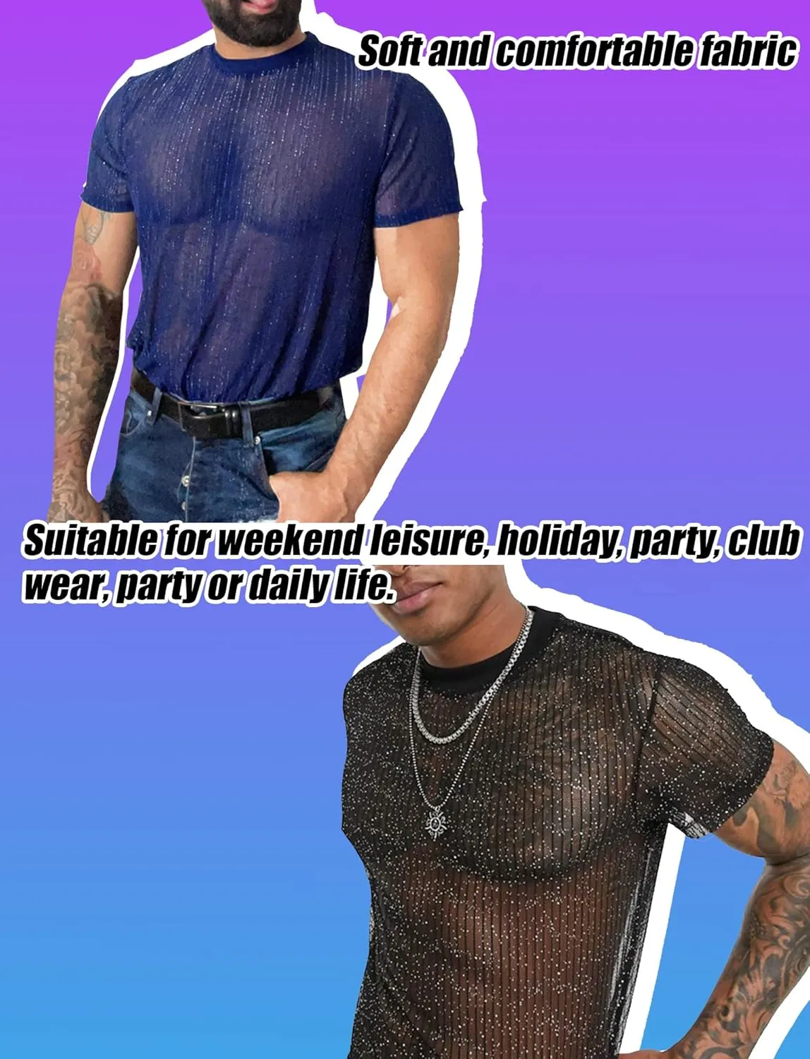 FEOYA Mens Mesh See Through Shirts Sheer Transparent Club Party Casual Top Undershirts