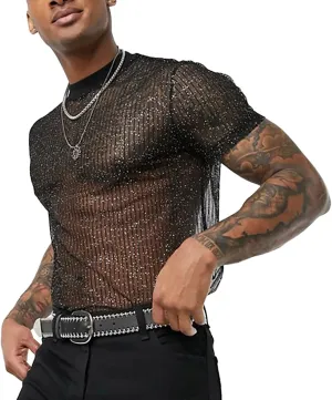 FEOYA Mens Mesh See Through Shirts Sheer Transparent Club Party Casual Top Undershirts
