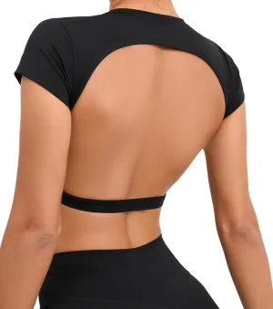 FEOYA Womens Open Back Crop Tops Short Sleeve Slim Fit Gym Workout Tops with Pads Soft Yoga Fitness Activewear