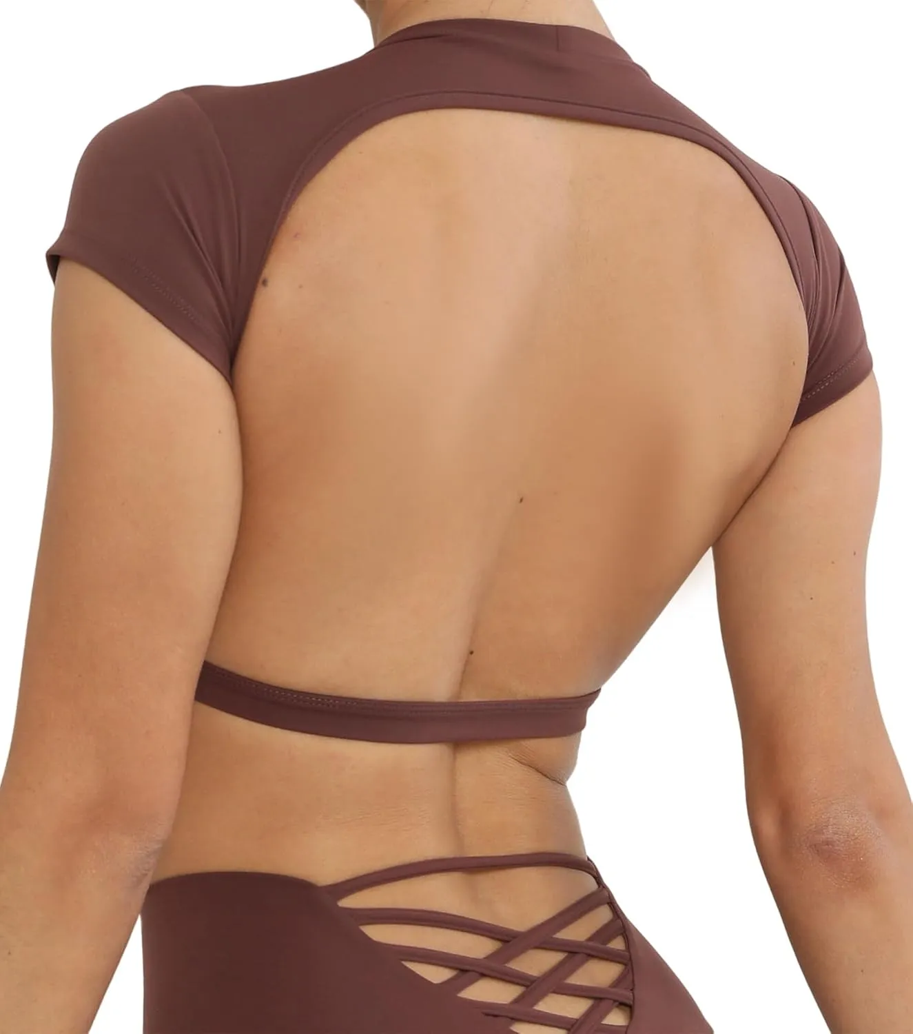FEOYA Womens Open Back Crop Tops Short Sleeve Slim Fit Gym Workout Tops with Pads Soft Yoga Fitness Activewear