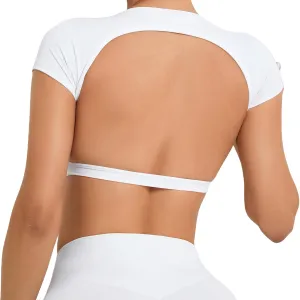 FEOYA Womens Open Back Crop Tops Short Sleeve Slim Fit Gym Workout Tops with Pads Soft Yoga Fitness Activewear