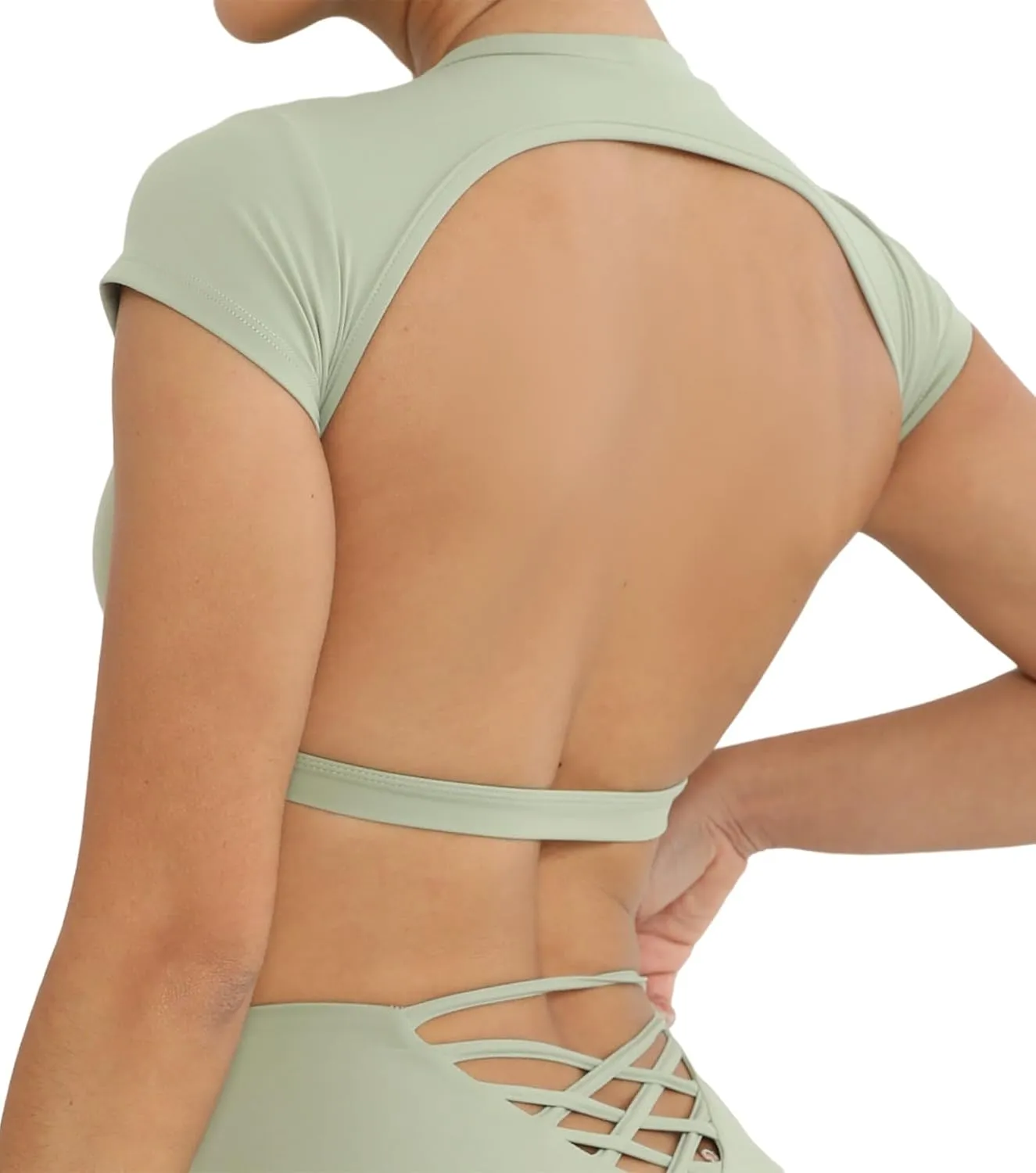 FEOYA Womens Open Back Crop Tops Short Sleeve Slim Fit Gym Workout Tops with Pads Soft Yoga Fitness Activewear