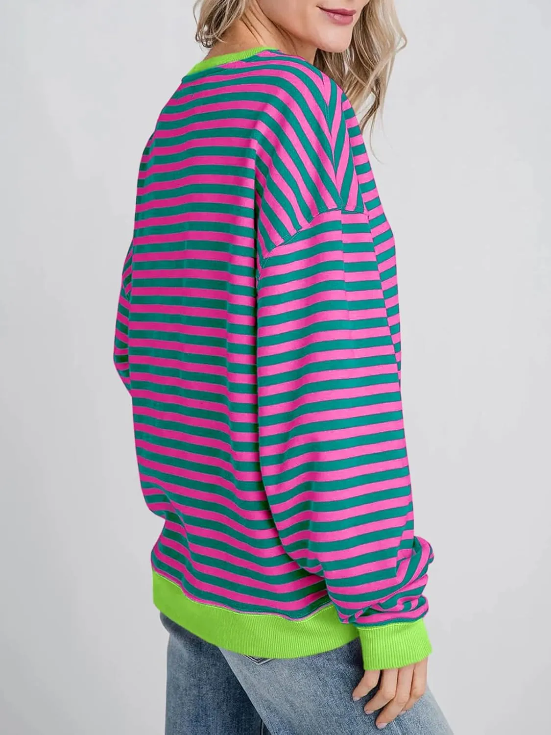 Fisoew Womens Striped Oversized Sweatshirt Color Block Crew Neck Long Sleeve Shirt Casual Loose Pullover Top Y2K Clothes