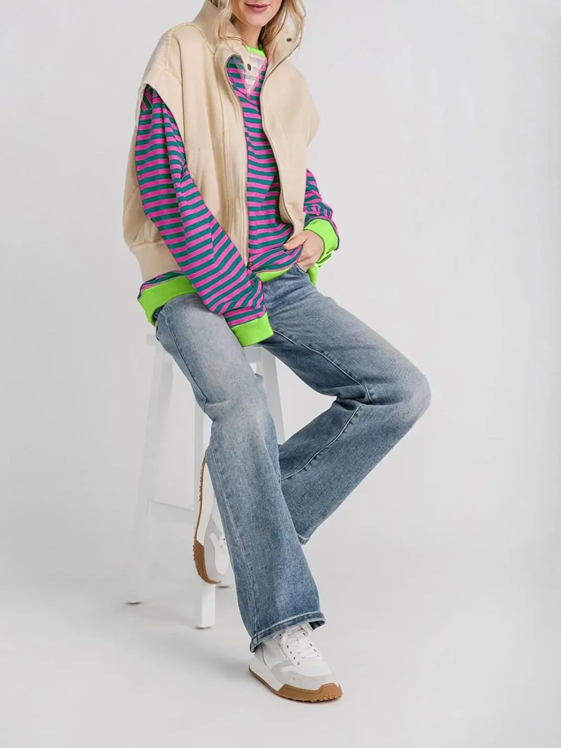Fisoew Womens Striped Oversized Sweatshirt Color Block Crew Neck Long Sleeve Shirt Casual Loose Pullover Top Y2K Clothes