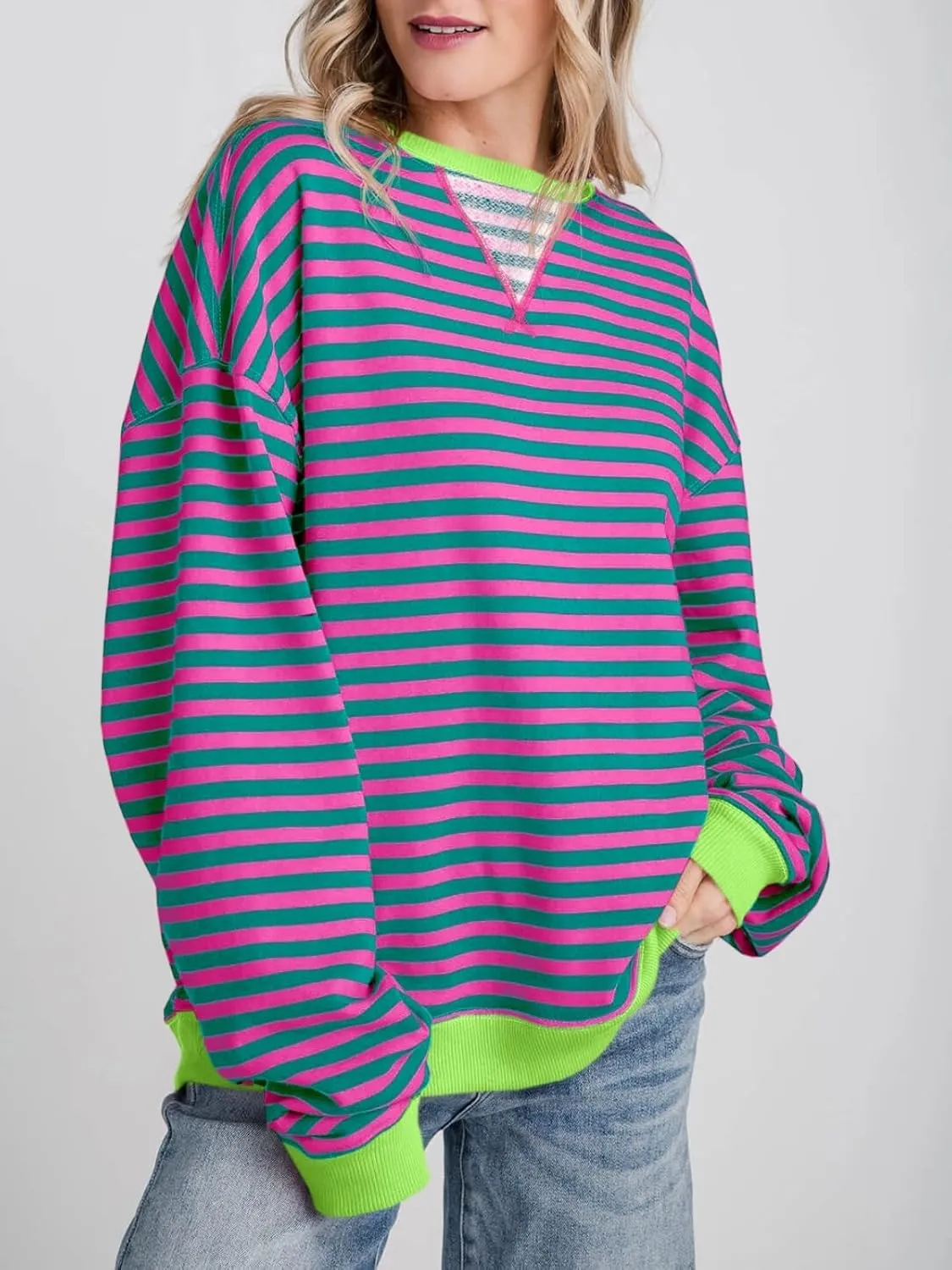 Fisoew Womens Striped Oversized Sweatshirt Color Block Crew Neck Long Sleeve Shirt Casual Loose Pullover Top Y2K Clothes