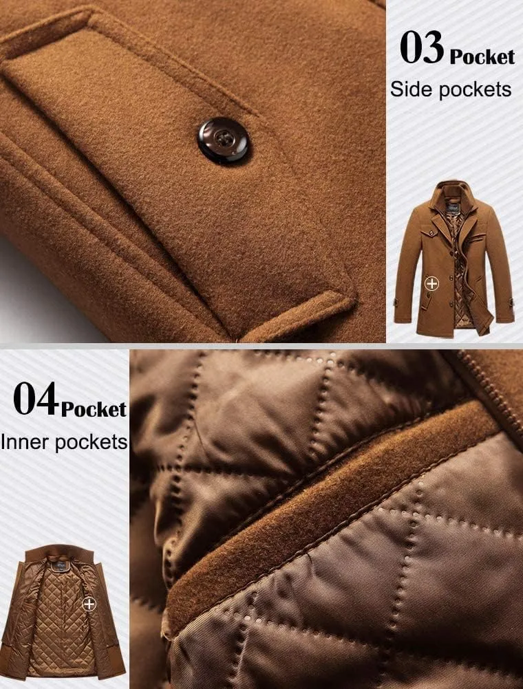 FTCayanz Men's Wool Coat Winter Slim Fit Pea Coats Single Breasted Quilted Lined Trench Jacket