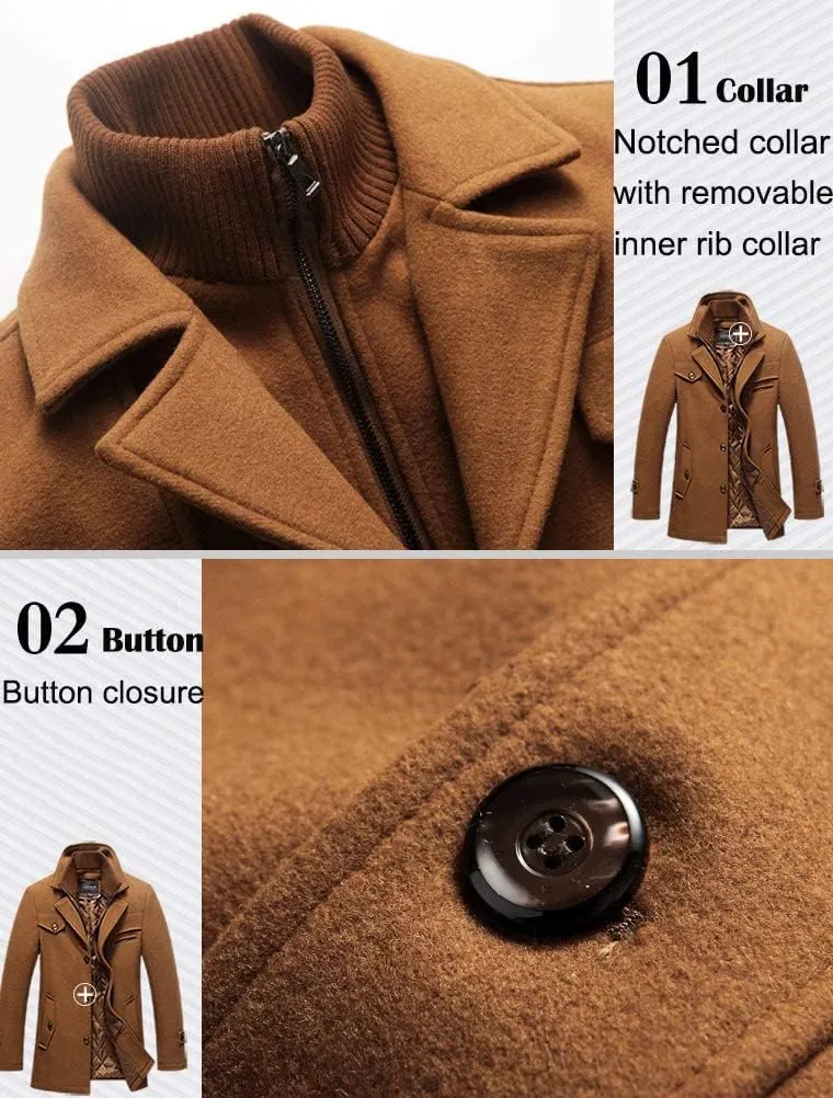 FTCayanz Men's Wool Coat Winter Slim Fit Pea Coats Single Breasted Quilted Lined Trench Jacket