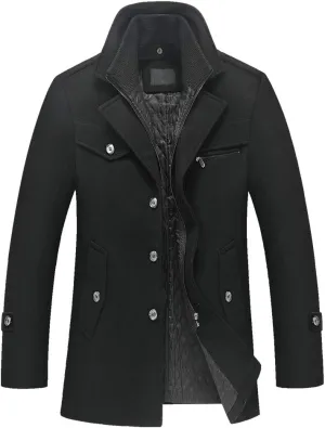 FTCayanz Men's Wool Coat Winter Slim Fit Pea Coats Single Breasted Quilted Lined Trench Jacket
