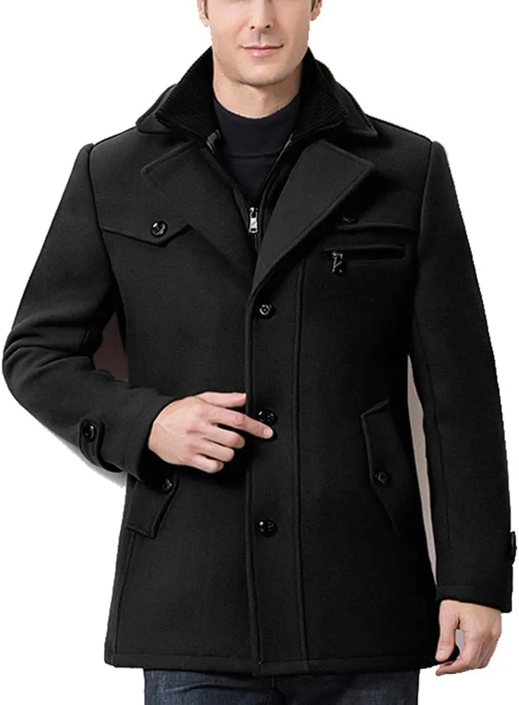 FTCayanz Men's Wool Coat Winter Slim Fit Pea Coats Single Breasted Quilted Lined Trench Jacket